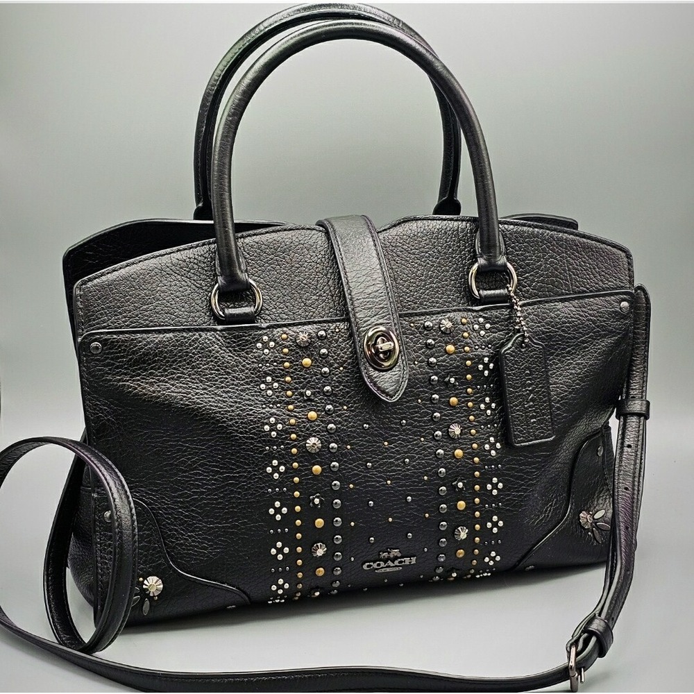 COACH Mercer 30 Satchel Bandana Rivets BLACK Pebble Leather 56832 EUC